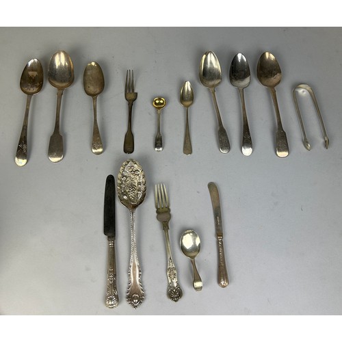 149 - A COLLECTION OF ANTIQUE SILVER CUTLERY (TOP ROW) ALONG WITH SOME SILVER PLATED / SILVER HANDLED EXAM... 