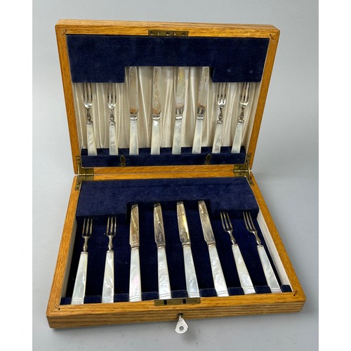 145 - A SILVER AND MOTHER OF PEARL CUTLERY SET MARKED FOR JOHN SANDERSON AND SON LTD, IN A WOODEN BOX WITH... 