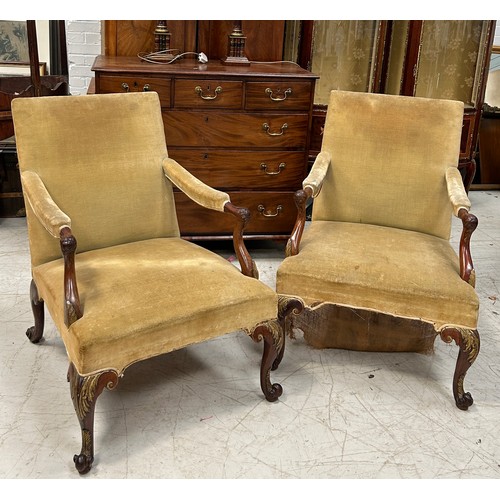 114 - A PAIR OF GAINSBOROUGH OPEN ARMCHAIRS POSSIBLY GEORGIAN LATE 18TH CENTURY, 

96cm x 80cm x 73cm each...