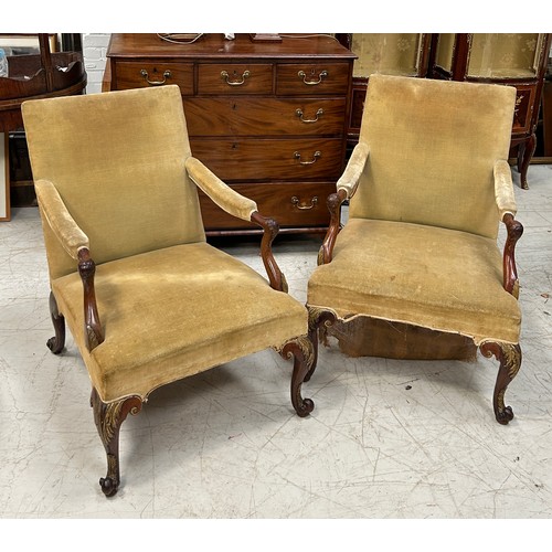 114 - A PAIR OF GAINSBOROUGH OPEN ARMCHAIRS POSSIBLY GEORGIAN LATE 18TH CENTURY, 

96cm x 80cm x 73cm each... 