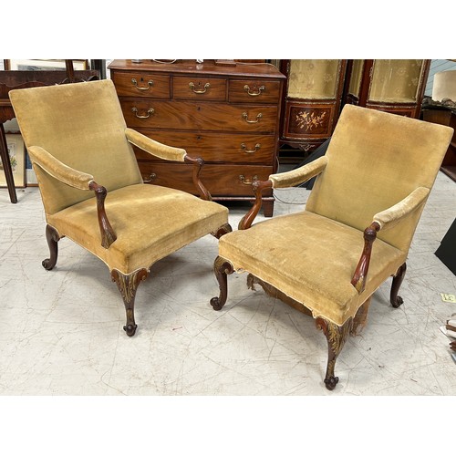 114 - A PAIR OF GAINSBOROUGH OPEN ARMCHAIRS POSSIBLY GEORGIAN LATE 18TH CENTURY, 

96cm x 80cm x 73cm each... 