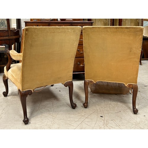 114 - A PAIR OF GAINSBOROUGH OPEN ARMCHAIRS POSSIBLY GEORGIAN LATE 18TH CENTURY, 

96cm x 80cm x 73cm each... 