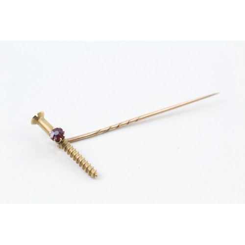 287 - AN 18CT GOLD RUBY SCREW HEAD STICK PIN WITH 15CT GOLD PIN, 

Weight: 3.0gms