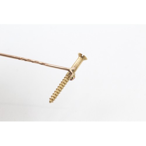 287 - AN 18CT GOLD RUBY SCREW HEAD STICK PIN WITH 15CT GOLD PIN, 

Weight: 3.0gms