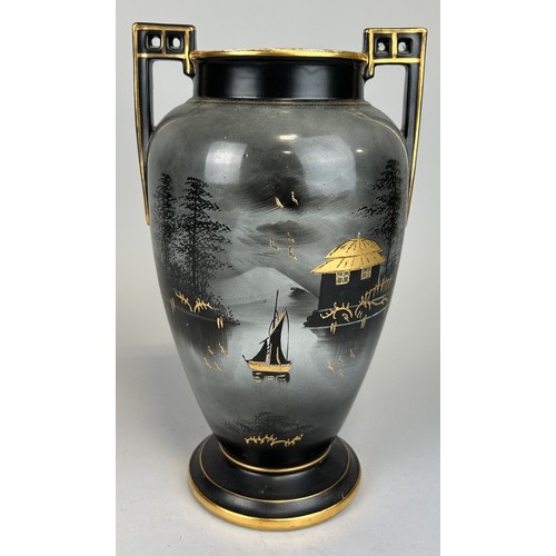 816 - A LARGE CHINOISERIE TWIN HANDLED VASE, 

Marked to verso 'Made in England'. 

35cm x 20cm