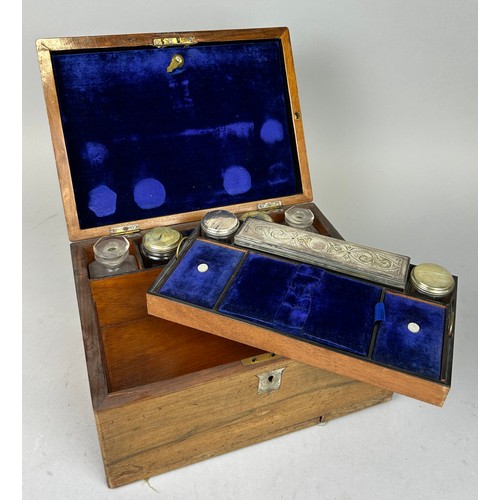 766 - A 19TH CENTURY SILVER PLATE AND GLASS VANITY SET IN CASE,

Case 30cm x 22cm x 17cm