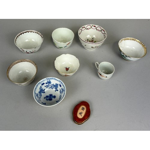 299 - A COLLECTION OF CHINESE WINE CUPS INCLUDING ONE ARMORIAL ALONG WITH A SMALL PLAQUE,