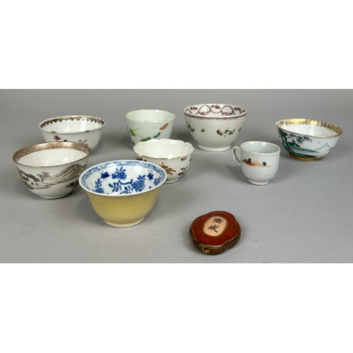 299 - A COLLECTION OF CHINESE WINE CUPS INCLUDING ONE ARMORIAL ALONG WITH A SMALL PLAQUE,