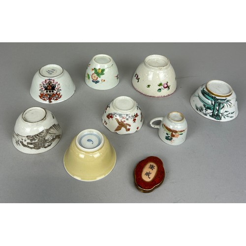 299 - A COLLECTION OF CHINESE WINE CUPS INCLUDING ONE ARMORIAL ALONG WITH A SMALL PLAQUE,