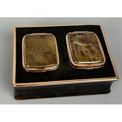 205 - A ROSE GOLD (TESTED) TORTOISESHELL BOX WITH AGATE PANEL COMPARTMENTS, 

9cm x 6cm x 3cm