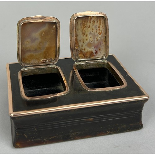 205 - A ROSE GOLD (TESTED) TORTOISESHELL BOX WITH AGATE PANEL COMPARTMENTS, 

9cm x 6cm x 3cm