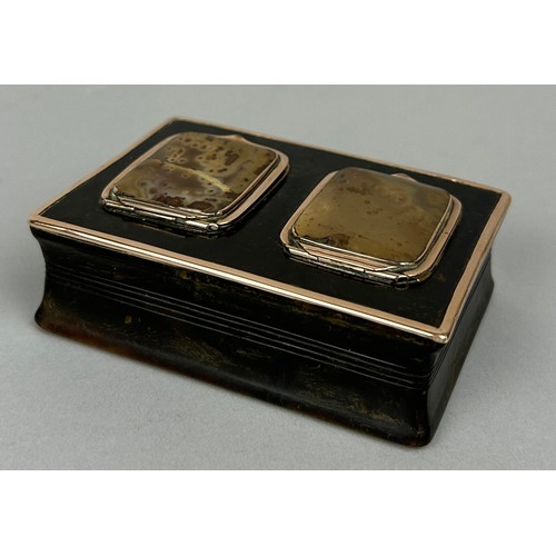 205 - A ROSE GOLD (TESTED) TORTOISESHELL BOX WITH AGATE PANEL COMPARTMENTS, 

9cm x 6cm x 3cm