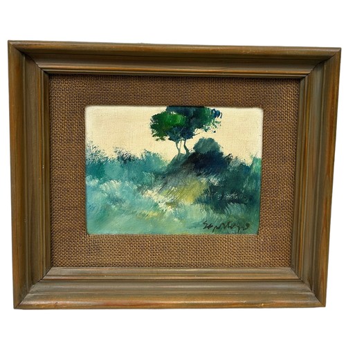 419 - A SMALL OIL PAINTING ON CANVAS DEPICTING A LANDSCAPE SCENE WITH TWO TREES, 

Signed indistinctly bot... 