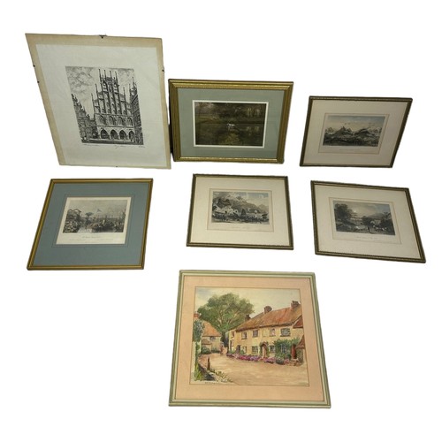 814 - A GROUP OF DECORATIVE PICTURES TO INCLUDE PRINTS, A WATERCOLOUR AND AN ENGRAVING, 

Each framed and ... 