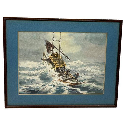 784 - A WATERCOLOUR PAINTING ON PAPER DEPICTING FISHERMEN IN A BOAT ON STORMY SEAS, 

Signed indistinctly ... 