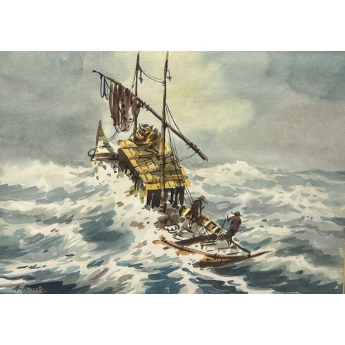 784 - A WATERCOLOUR PAINTING ON PAPER DEPICTING FISHERMEN IN A BOAT ON STORMY SEAS, 

Signed indistinctly ... 