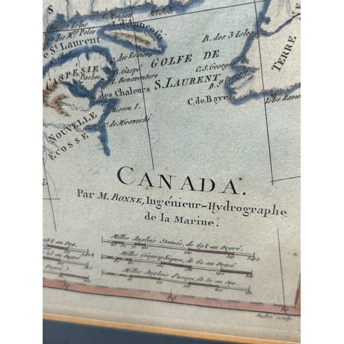 820 - RIGOBERT BONNE (1727-1795): A MAP OF EAST CANADA CIRCA 1770, 

37cm x 26cm 

Mounted in a frame and ... 