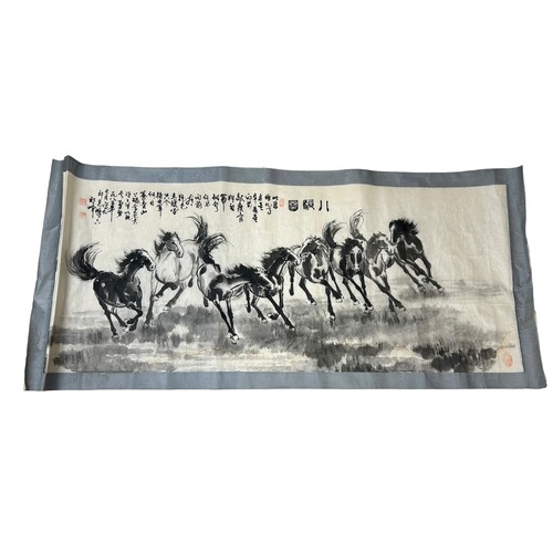 786 - A 20TH CENTURY CHINESE SCROLL PAINTING DEPICTING RUNNING HORSES,

120cm x 52cm