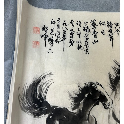 786 - A 20TH CENTURY CHINESE SCROLL PAINTING DEPICTING RUNNING HORSES,

120cm x 52cm