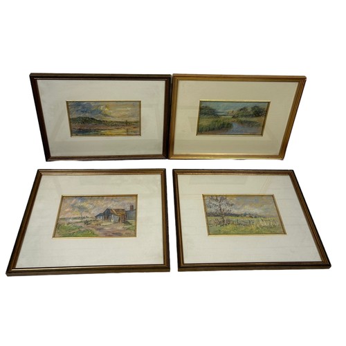 805 - WINIFRED MENDHAM: FOUR WATERCOLOUR PAINTINGS DEPICTING NORFOLK, MUSSEL SHEDS, HOLKHAM BARN, BLAKENEY... 