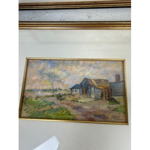 805 - WINIFRED MENDHAM: FOUR WATERCOLOUR PAINTINGS DEPICTING NORFOLK, MUSSEL SHEDS, HOLKHAM BARN, BLAKENEY... 