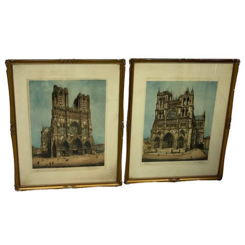 808 - A PAIR OF SIGNED PRINTS DEPICTING AMIENS AND REIMS CATHEDRALS BY PETITJEAN, 

Framed and glazed 73cm... 