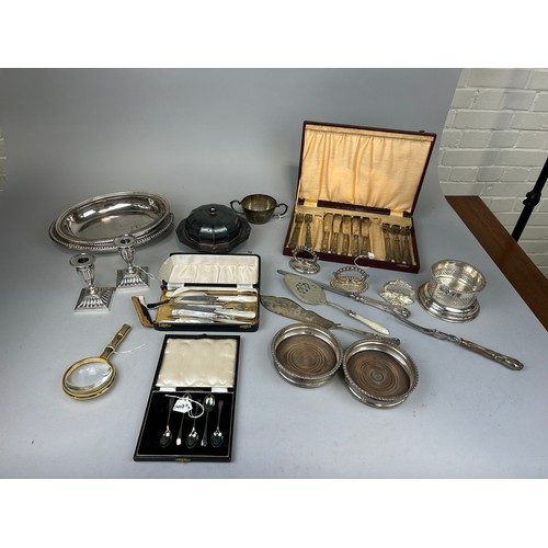 822 - A LARGE COLLECTION OF MOSTLY SILVER PLATE, BUT TO INCLUDE SILVER MAPPIN AND WEBB WEIGHTED CANDLESTIC... 