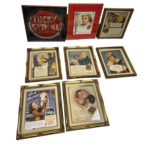 775 - TOBACCIANA: A GROUP OF FRAMED LUCKY STRIKE CIGARETTES ADVERTISING, TO INCLUDE A METAL SIGN, 

Each f... 