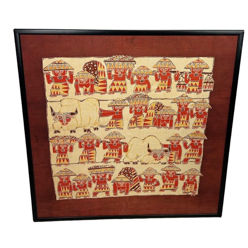 772 - AN AFRICAN TEXTILE DEPICTING FIGURES WITH CATTLE, 

86cm x 86cm 

Framed.