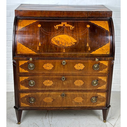 767 - A 19TH CENTURY SHERATON REVIVAL ROLL TOP BUREAU WITH MARQUETRY INLAID SHELLS, 

Opening to reveal a ... 