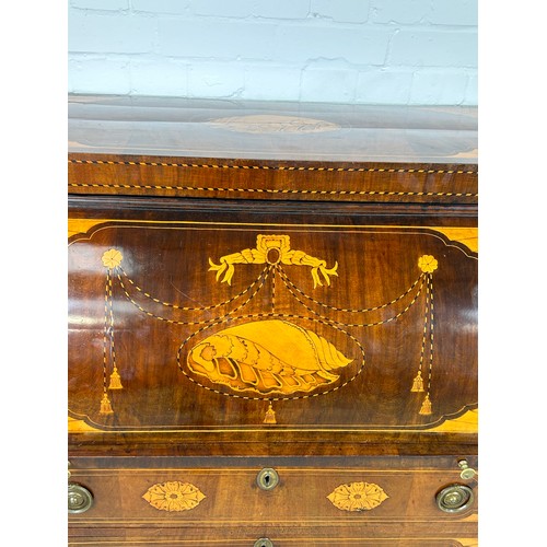 767 - A 19TH CENTURY SHERATON REVIVAL ROLL TOP BUREAU WITH MARQUETRY INLAID SHELLS, 

Opening to reveal a ... 