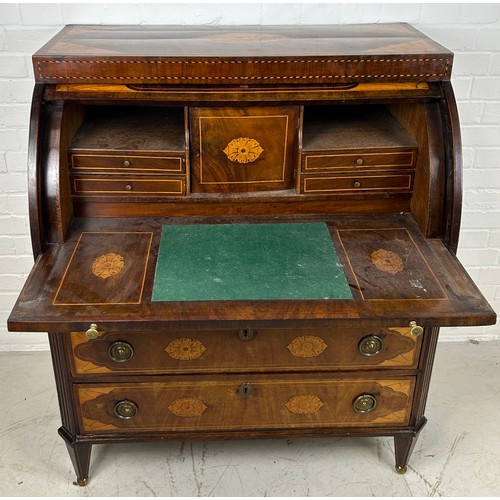 767 - A 19TH CENTURY SHERATON REVIVAL ROLL TOP BUREAU WITH MARQUETRY INLAID SHELLS, 

Opening to reveal a ... 