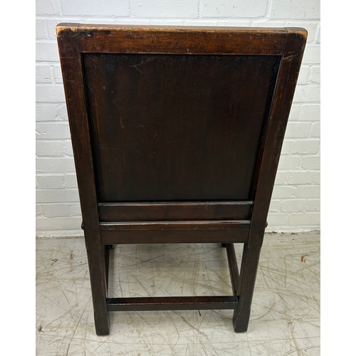 769A - AN OAK WAINSCOT DESIGN CHAIR WITH CARVED BACK PANEL DEPICTING A LADY, 

100cm x 55cm x 55cm