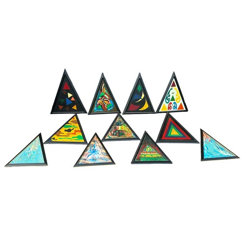 808A - A SET OF ELEVEN ABSTRACT TRIANGLE PAINTINGS, 

Largest 90cm x 72cm framed.