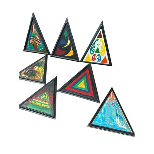 808A - A SET OF ELEVEN ABSTRACT TRIANGLE PAINTINGS, 

Largest 90cm x 72cm framed.