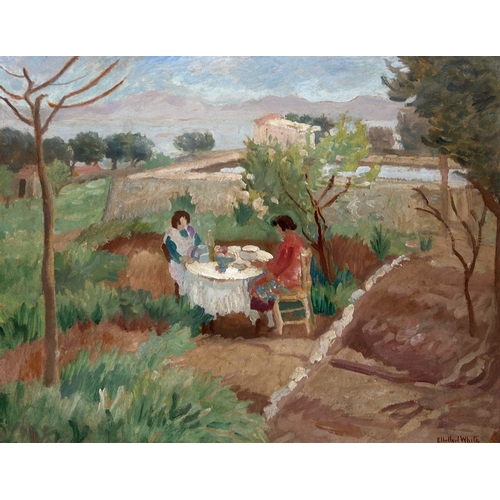 358 - ETHELBERT WHITE (1891-1972): AN OIL PAINTING ON CANVAS DEPICTING A GARDEN SCENE WITH LADIES HAVING T... 