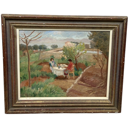 358 - ETHELBERT WHITE (1891-1972): AN OIL PAINTING ON CANVAS DEPICTING A GARDEN SCENE WITH LADIES HAVING T... 