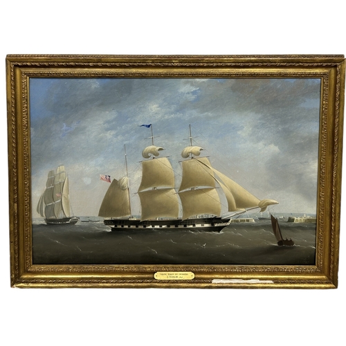 359 - JOHN TUDGAY (BRITISH 19TH CENTURY): A LARGE OIL PAINTING ON CANVAS 'SAILING BARQUE OFF CHERBOURG' DA... 