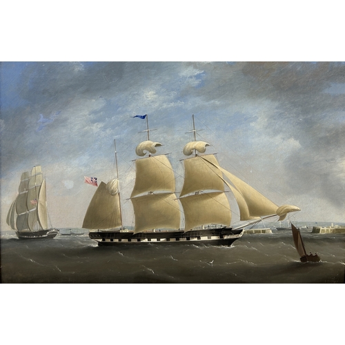 359 - JOHN TUDGAY (BRITISH 19TH CENTURY): A LARGE OIL PAINTING ON CANVAS 'SAILING BARQUE OFF CHERBOURG' DA... 