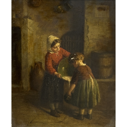 360 - PAUL SEIGNAC (FRENCH 1826-1904): AN OIL PAINTING ON PANEL DEPICTING TWO GIRLS POURING MILK Signed bo... 