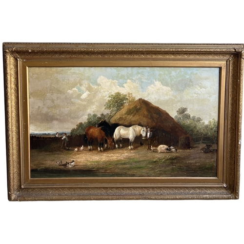 363 - J.MORRIS (BRITISH, 19TH CENTURY): AN OIL PAINTING ON CANVAS DEPICTING HORSES ON A FARM, 128cm x 77cm... 