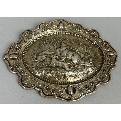 51 - A VICTORIAN SILVER DISH WITH REPOUSSE DEPICTION OF DOGS ATTACKING A STAG 18cm x 14cm Weight: 103gms ... 