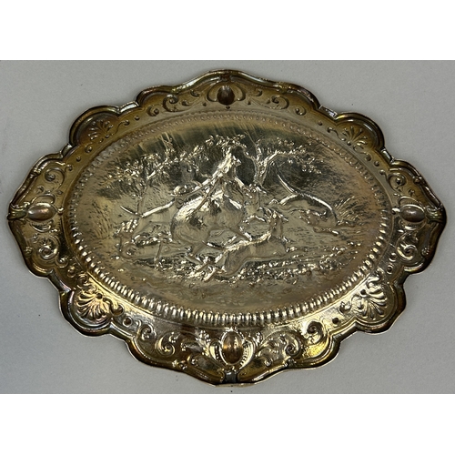 51 - A VICTORIAN SILVER DISH WITH REPOUSSE DEPICTION OF DOGS ATTACKING A STAG 18cm x 14cm Weight: 103gms ... 