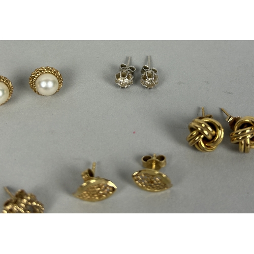 56 - SIX PAIRS OF GOLD EARRINGS TO INCLUDE ONE PAIR SET WITH SMALL DIAMONDS, ANOTHER WITH PEARLS (12) Tot... 