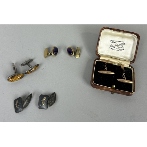 59 - FOUR PAIRS OF CUFFLINKS TO INCLUDE TWO 9CT GOLD PAIRS, ONE SET WITH OVAL CUT AMETHYSTS ALONG WITH SI... 