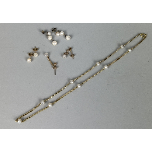 64 - A 9CT GOLD AND PEARL BRACELET ALONG WITH THREE PAIRS OF GOLD AND PEARL EARRINGS (7) Total weight: 12... 