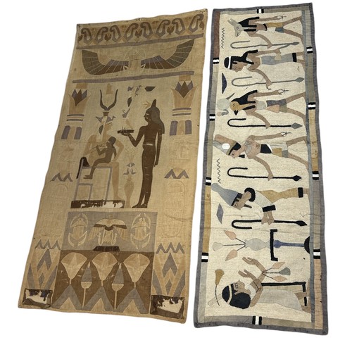 728 - EGYPTIAN REVIVAL: TWO EMBROIDERED TEXTILES DEPICTING FIGURES AND HIEROGLYPHICS Largest 137cm x 60cm