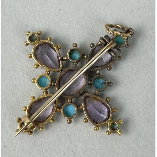 6 - AN AMETHYST AND TURQUOISE PENDANT AND BROOCH IN THE FORM OF A CROSS CIRCA 1820'S Set with four pear-... 