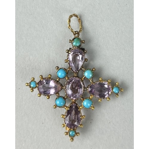 6 - AN AMETHYST AND TURQUOISE PENDANT AND BROOCH IN THE FORM OF A CROSS CIRCA 1820'S Set with four pear-... 