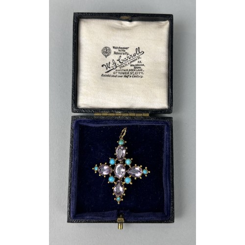 6 - AN AMETHYST AND TURQUOISE PENDANT AND BROOCH IN THE FORM OF A CROSS CIRCA 1820'S Set with four pear-... 